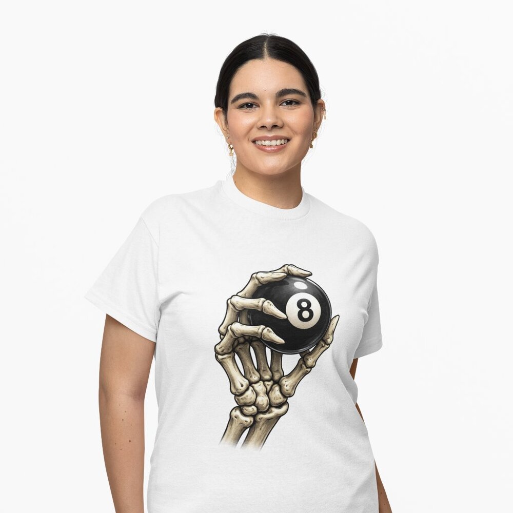 Skeleton Hand Holding 8 Ball Pool T-Shirt | Billiards Graphic Tee | Unisex